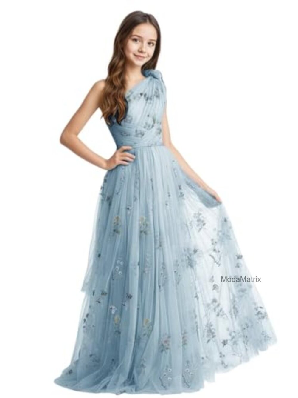One Shoulder Floral Embroidered Tulle A-Line Junior Bridesmaid Dress Formal